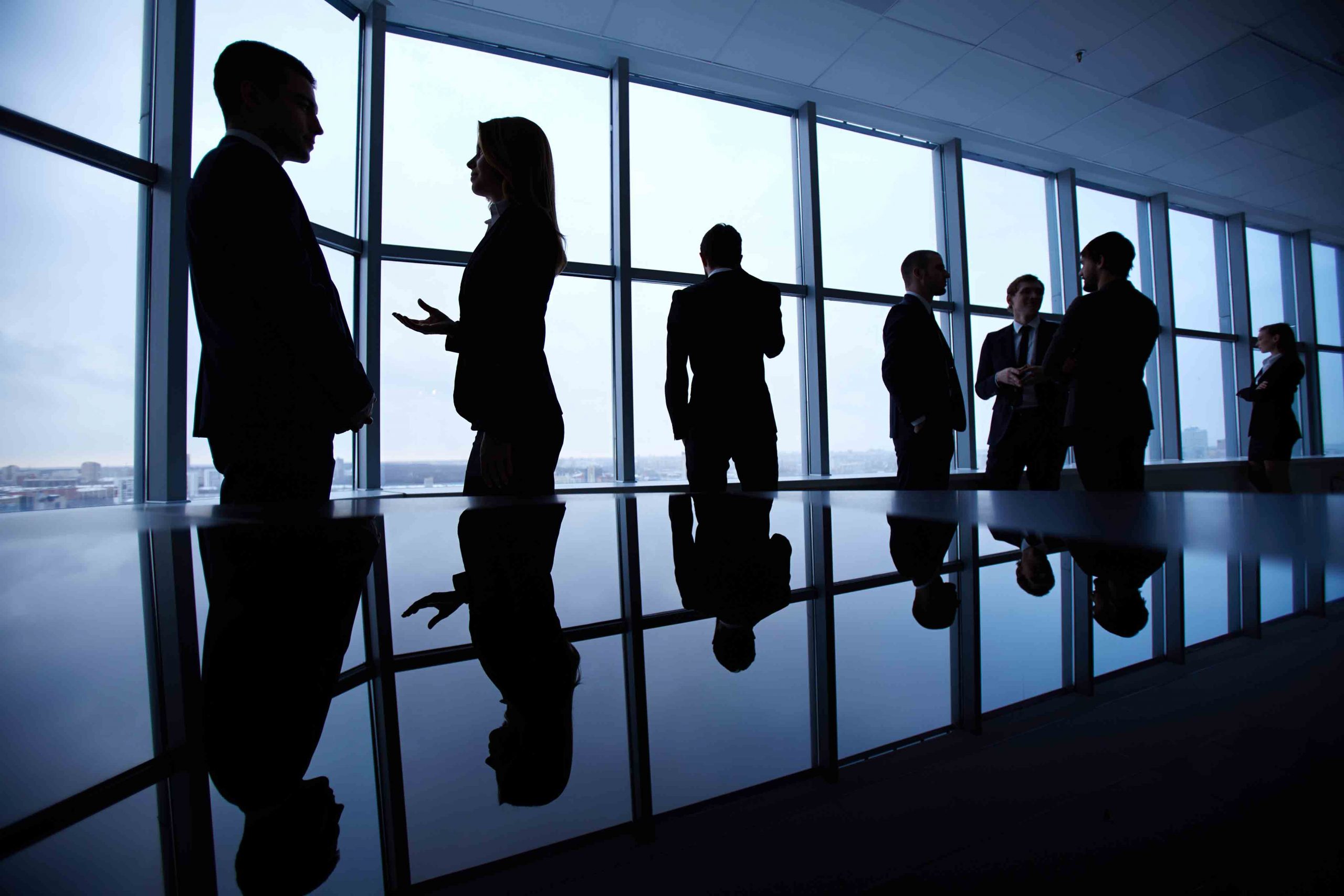 Group of colleagues standing against window in office and speaking